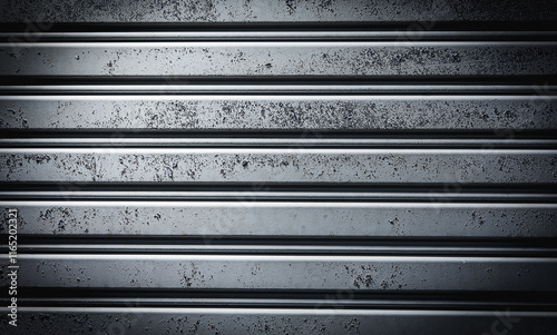 Background image of old corrugated iron door with rust marks on the door painted in gray with light and shadow from a flash.