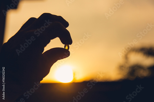 Image of a hand holding a shiny yellow vitamin pill against a sunny orange-golden sky in the morning and evening.