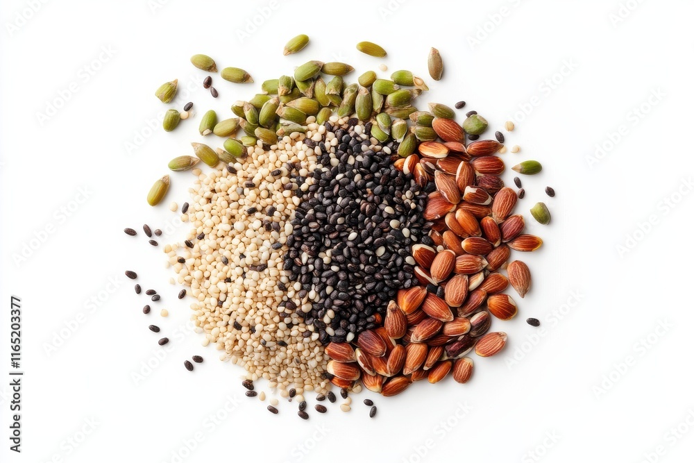 An artistic scattering of mixed seeds and nuts including chia, sesame, pumpkin, and almonds forming a vibrant pattern on a white surface. An artistic scattering of mixed seeds and nuts including chia, sesame, pumpkin, and almonds forming a vibrant pattern on a white surface.