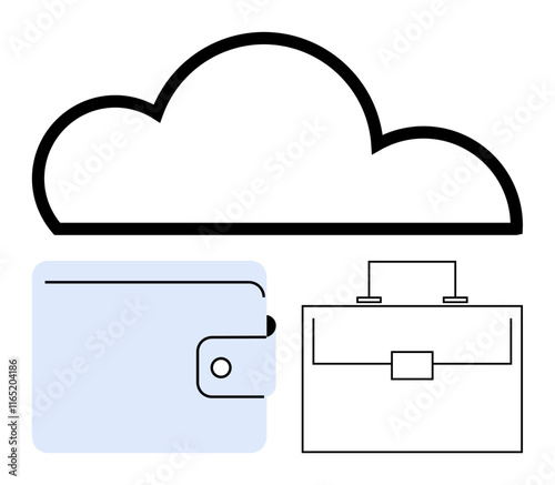 Cloud graphic above minimalist wallet and briefcase icons, representing digital solutions for finance, business, and secure storage. Ideal for technology, savings, management, and workflows. Abstract