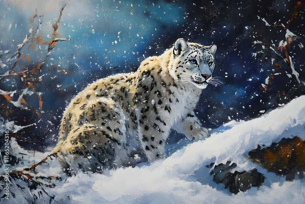 Fototapeta premium Majestic Snow Leopard in Winter Wonderland