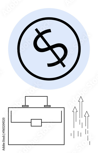 Briefcase, crossed-out dollar in blue circle, upward arrows showing progress. Ideal for finance, investment, business growth, budgeting, savings, career development abstract line flat metaphor