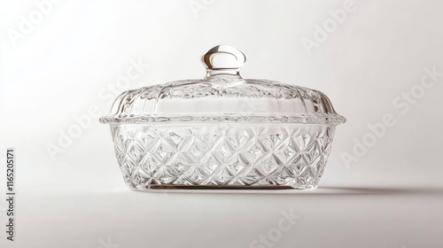 A decorative glass butter dish with a lid, resting on a clean white background