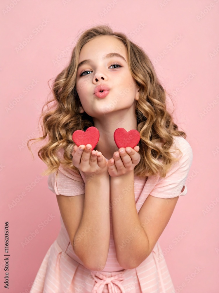 Close-up portrait of her she nice-looking attractive lovely coquettish cheerful cheery wavy-haired girl holding in hands two small little heart sending you kiss isolated over pink pastel background Close-up portrait of her she nice-looking attractive lovely coquettish cheerful cheery wavy-haired girl holding in hands two small little heart sending you kiss isolated over pink pastel background