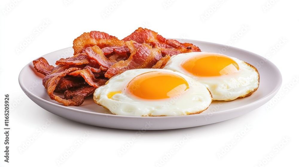A plate of sunny-side up eggs and crispy bacon. A plate of sunny-side up eggs and crispy bacon.