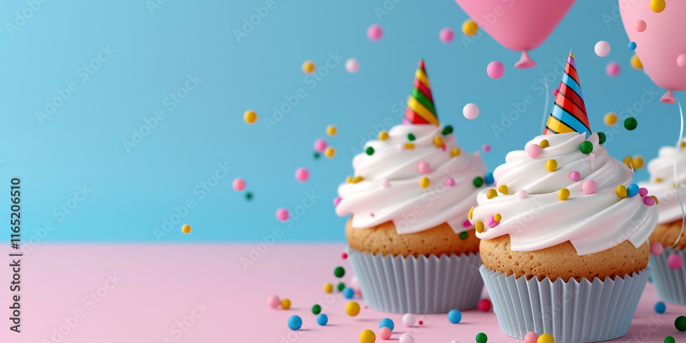 Fototapeta premium 3D Rendering of a Vibrant Pink Background with Balloons, Festive Party Decorations, and Cheerful Atmosphere for a Fun Celebration, Birthday Party, and Lively Event Design