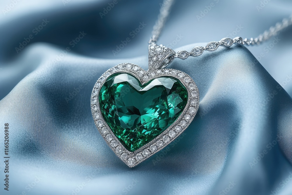 Heart-shaped emerald pendant shining on blue silk: elegance and luxury Heart-shaped emerald pendant shining on blue silk: elegance and luxury