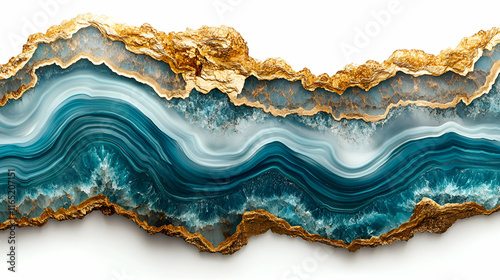 Ocean Agate Slice with Golden Accents, Teal Waves and Luxurious Gold Edging, Sparkling with Elegance
