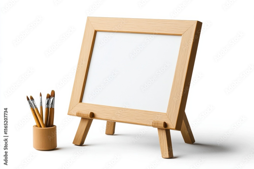 A small wooden easel with a blank canvas accompanied by paintbrushes in a holder, placed on a white background, ideal for art concepts. A small wooden easel with a blank canvas accompanied by paintbrushes in a holder, placed on a white background, ideal for art concepts.