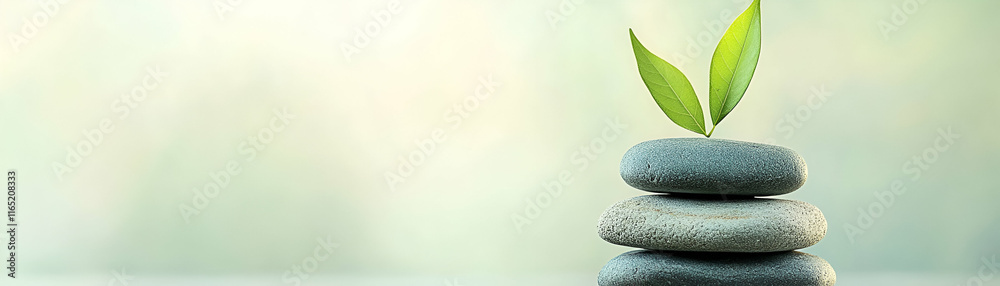 Obraz premium Serene Stacked Stones with Sprouting Leaves, Representing Growth and Tranquility in Nature's Embrace.