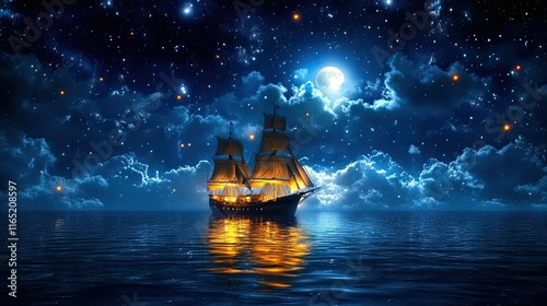 A majestic sailing ship illuminated at night under a starry sky and full moon, with its reflection on calm waters.
