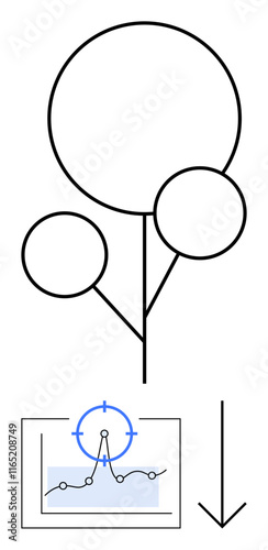 Abstract tree with three circular nodes branching out, simplified graph highlighting data peaks below, and downward arrow. Ideal for analytics, growth, sustainability, research, organization, data photo