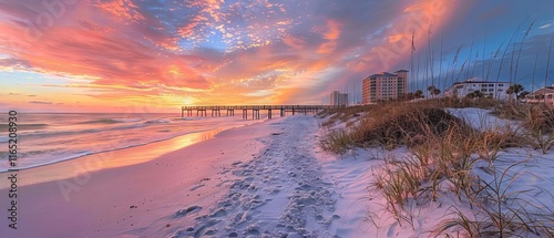 Serene sunrise over Pensacola beach, Florida with soft pink and orange sky reflecting on calm ocean waves