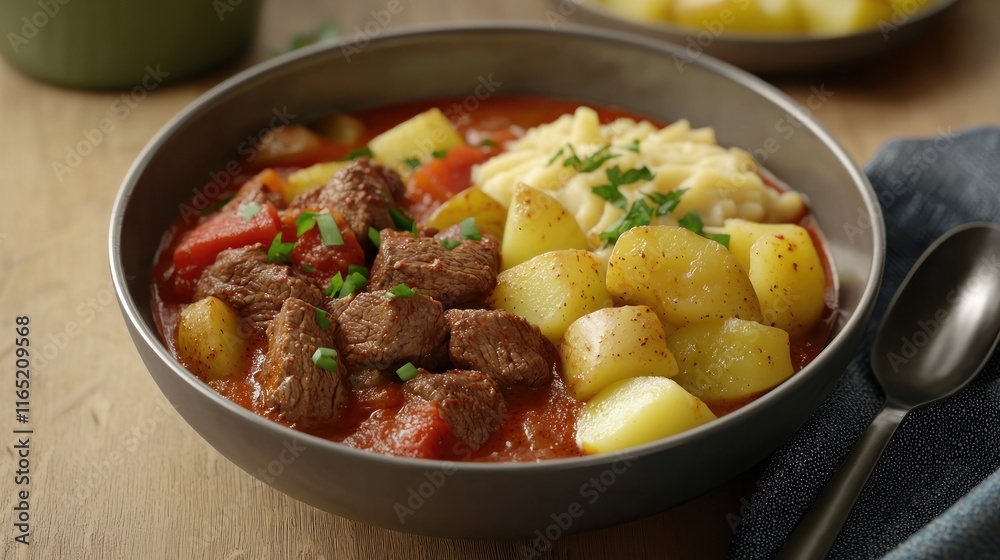 A hearty bowl of beef stew with potatoes and garnished herbs. A hearty bowl of beef stew with potatoes and garnished herbs.