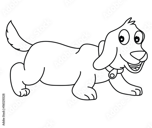 Cute cartoon hand drawn vector cheerful puppy dog coloring page. photo