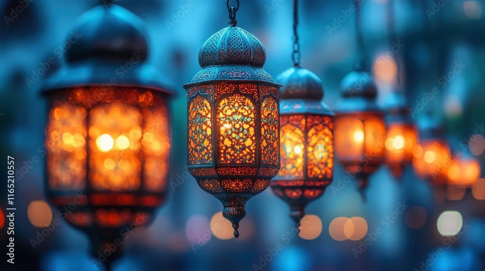 Ornate Moroccan Lanterns Illuminating a Night Scene, Casting Warm Glow with Intricate Patterns in Vibrant Colors, Evoking a Sense of Magical Ambiance and Cultural Richness Ornate Moroccan Lanterns Illuminating a Night Scene, Casting Warm Glow with Intricate Patterns in Vibrant Colors, Evoking a Sense of Magical Ambiance and Cultural Richness