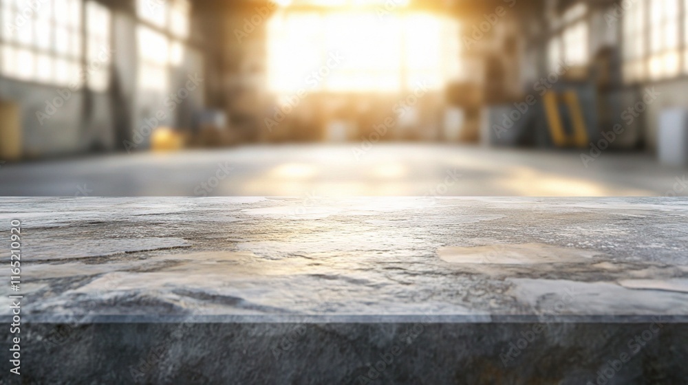 Soft Light Over Empty Stone Table in Blurred Factory Background Soft Light Over Empty Stone Table in Blurred Factory Background