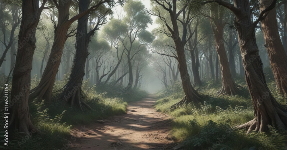 Fototapeta premium Muted pencil drawing of a forest with twisted trees and overgrown underbrush, subtle, natural