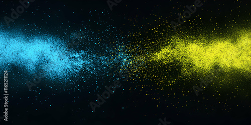 Abstract Blue and Yellow Dust Explosion on Black  Colorful Particles Burst Vibrantly  Creating a Dynamic and Energetic Visual