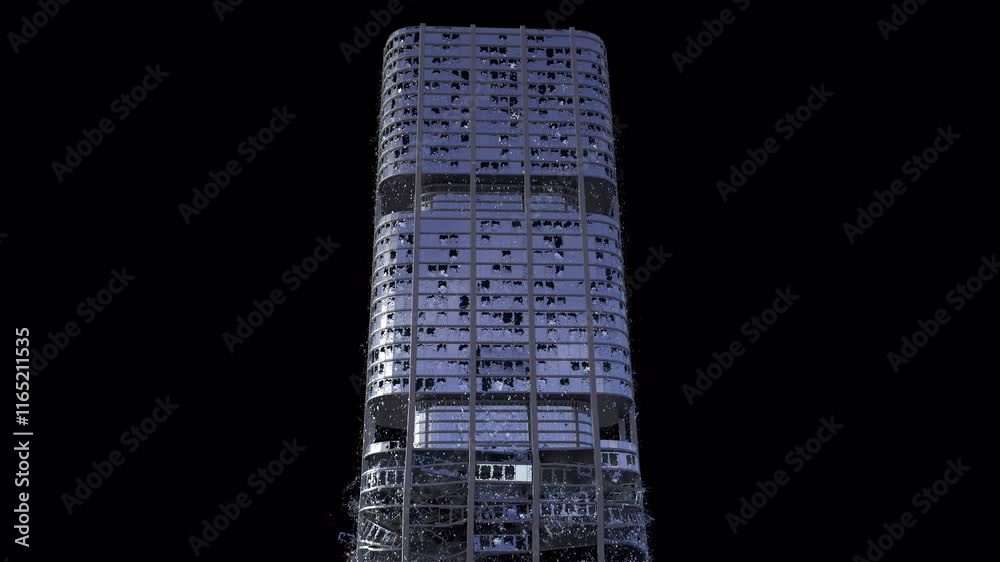 Realistically modeled(with inner and outer walls, concrete parts, columns, floor levels and bricks) building collapsing with dust and debris 4K drag and drop editing software supporting blending mode