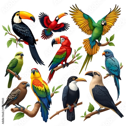 Set of 4 jungle birds toucan, parrot, hornbill, macaw, cuckoo, harpy eagle, parakeet, kookaburra, peafowl, coting. with white background  photo