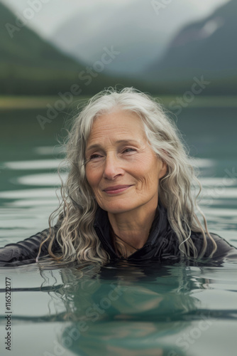 A senior woman swims in a lake, smiling against a nature background with mountains.
