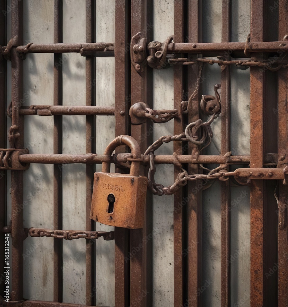 Rusty iron gate with a thick, old padlock and chains, padlock, metal, old Rusty iron gate with a thick, old padlock and chains, padlock, metal, old