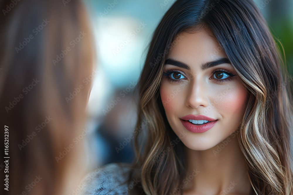 Fototapeta premium Woman with Brown Hair and Eyes Smiles, Showing Confidence and Beauty. Her Soft Makeup Enhances Features, Expressing Positivity and Warmth.