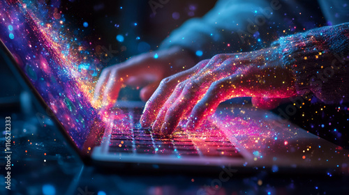 Magical Hands Typing on Glowing Laptop, Creating Digital Stardust.  Illuminating Ideas Flow Effortlessly.