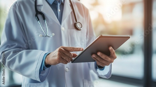 Doctor and Nurse Using Tablet to Review Patient Record in Clinic