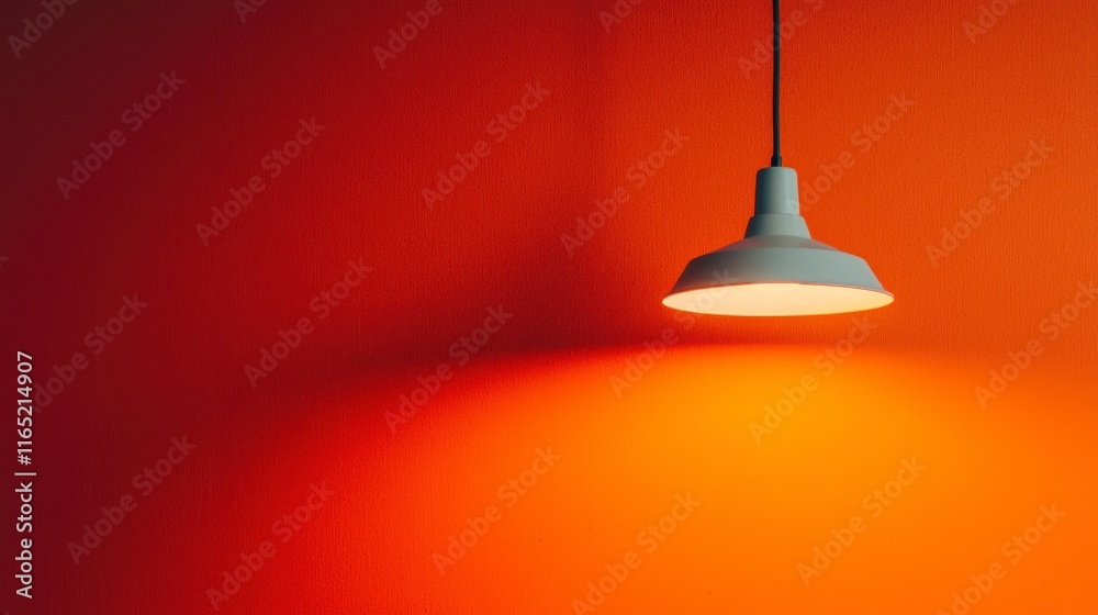 Obraz premium Modern ceiling lamp casting soft light against vibrant orange wall, creating a warm and inviting atmosphere for contemporary interior design and decor inspiration