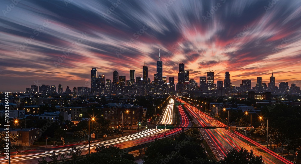 Fototapeta premium Dynamic urban sunset over vibrant city skyline and traffic trails