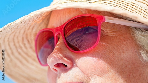 Close-Up of Woman Wearing Pink Sunglasses and Straw Hat Outdoors photo