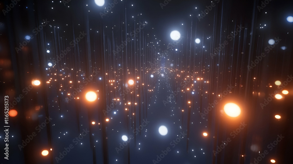 Obraz premium Digital Lightscape, Glowing orbs cascade through dark space, creating a mesmerizing infinite tunnel of light and energy.