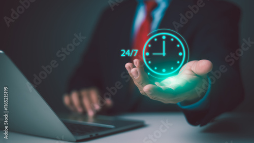 work 24hour and 7 day icon virtual screen hologram, 24hour open, 24 hour payment online banking, shopping, transection online service server cloud running. photo