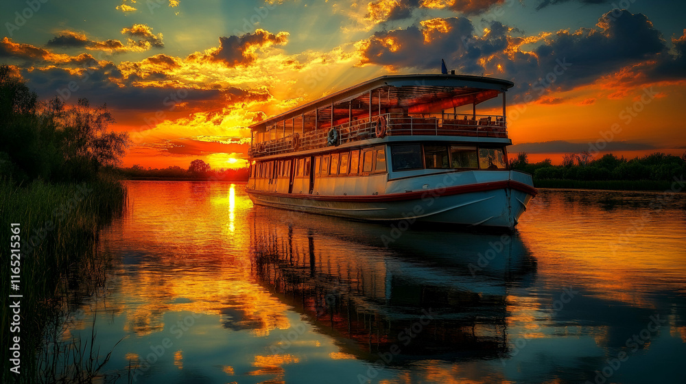 Fototapeta premium Sunset Cruise, Riverboat at Golden Hour, Reflecting Tranquility on Water, Serene Evening