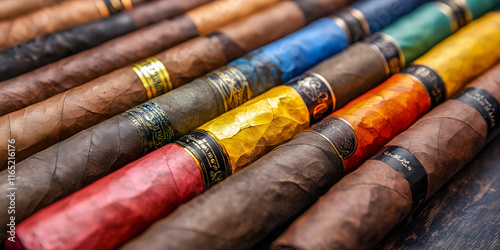 Collection of Premium Cigars with Colorful Bands, Rich Tobacco Aroma, Expertly Crafted, Hand Rolled photo