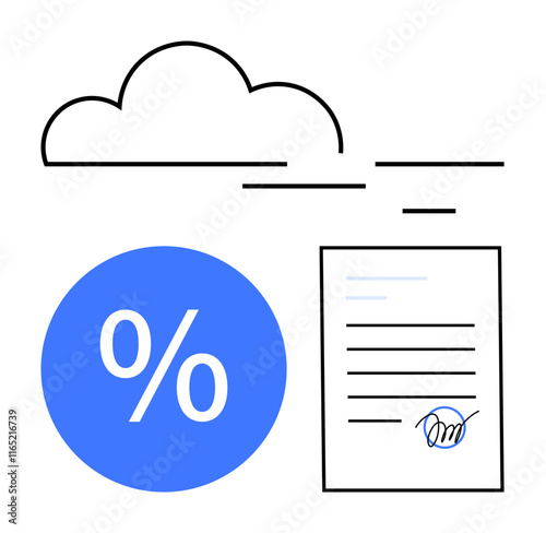 Cloud icon above a document with a digital signature and a blue percentage sign. Ideal for digital contracts, cloud storage, percentage analysis, document management, financial agreements, online