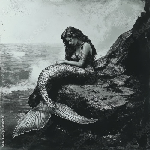 Melancholic mermaid on rocks by stormy sea.
