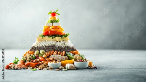 A detailed visual of a balanced diet meal plan, highlighting the food pyramid and nutritional portions on a clean backdrop