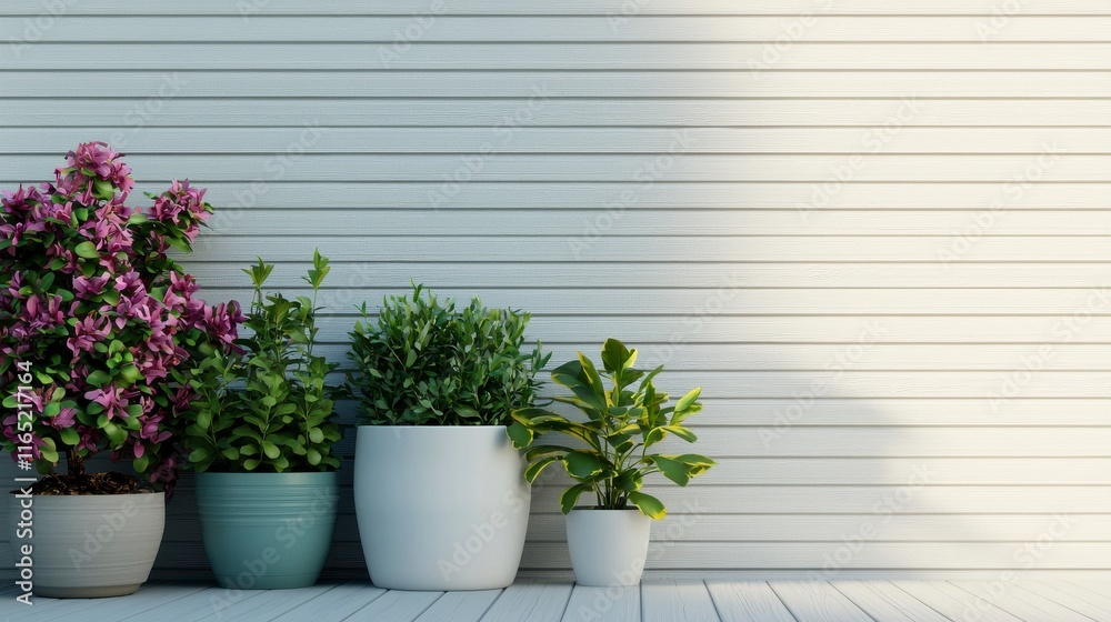 Fototapeta premium Stylish Arrangement of Various Potted Plants Against a Light Horizontal Wooden Wall Featuring Green Foliage and Colorful Blooms in a Modern Interior Setting