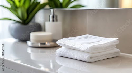 Fresh and Clean Bathroom Setting with Towels and Green Plants photo