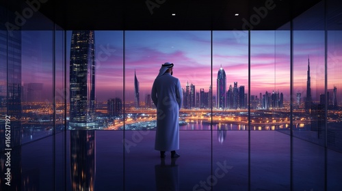 Young saudi business man standing in the 3d rendering office watching the modern city night view, view from the outside