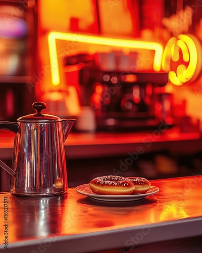 Savoring coffee and donuts delight in an urban  close-up culinary experience in a cozy atmosphere