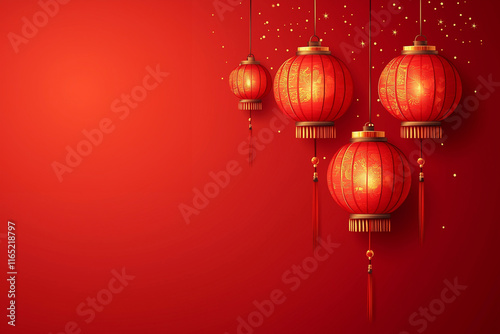 Red background with Chinese New Year lanterns hanging on the right side. Chinese lunar new year festival theme. decorative banners. photo