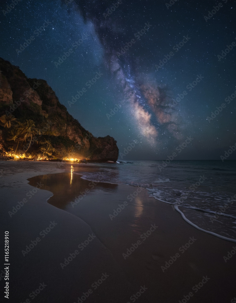 Naklejka premium Starry sky and Milky Way above a dark beach, creating a mysterious and photorealistic nighttime landscape.