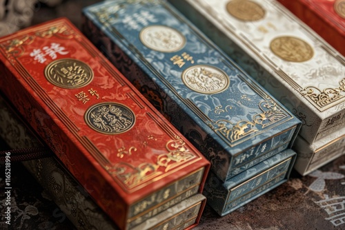 Close-up of intricately designed, stacked gift boxes with ornate Asian-inspired patterns and metallic accents.