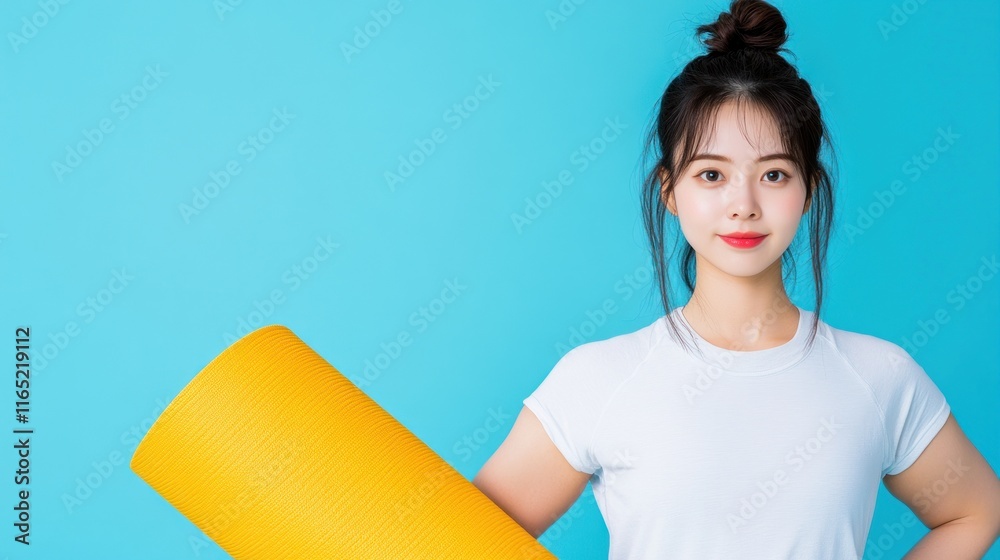Young woman holding a yellow yoga mat against a blue background. Young woman holding a yellow yoga mat against a blue background.