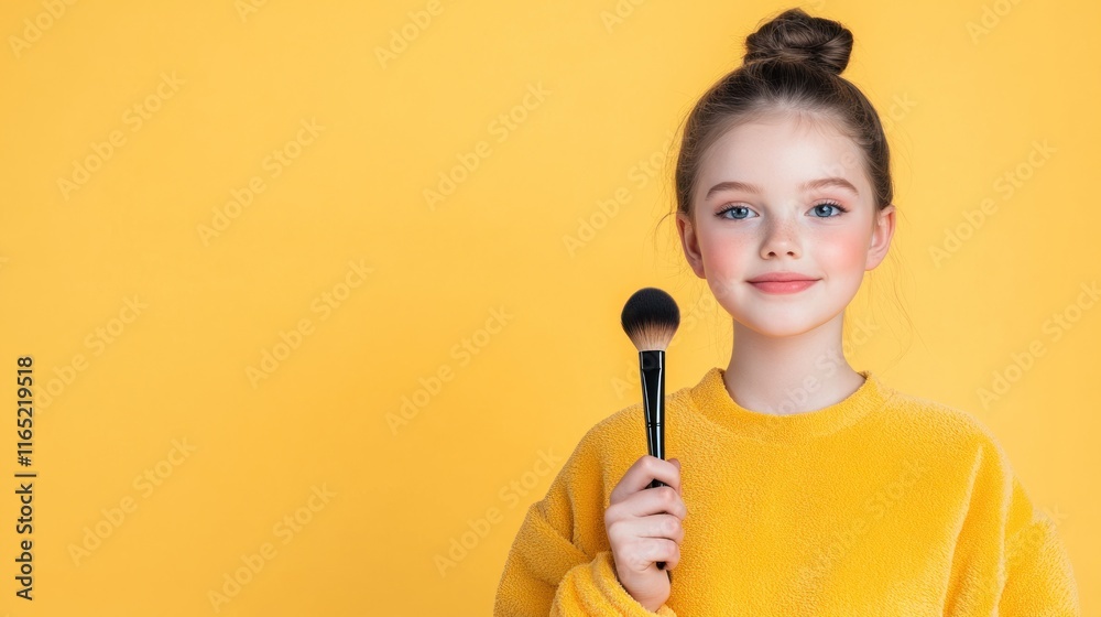 Young girl in a yellow sweater holding a makeup brush. Young girl in a yellow sweater holding a makeup brush.