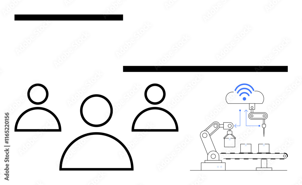 Workers and automated robotic arm connected to a cloud system for smart production. Ideal for teamwork, manufacturing, IoT, Industry 4.0, automation, cloud innovation. Abstract line flat metaphor Workers and automated robotic arm connected to a cloud system for smart production. Ideal for teamwork, manufacturing, IoT, Industry 4.0, automation, cloud innovation. Abstract line flat metaphor